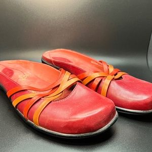 Red Flat Mules with Orange Straps